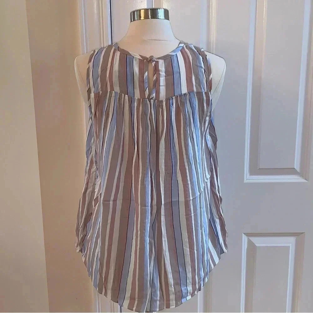 TORRID 00 Crinkle Gauze Smocked Tank Blue Taupe Striped (Fits Like US 10/12 M) - Picture 3 of 9